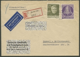Berlin 1953 Glocke 105 Mit Beifrankatur Auf Luftpost-R-Brief Nach Kassel (X9650) - Storia Postale