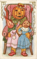 240239-Halloween, Whitney No WNY10-7, Jack O Lantern Head Man Sitting In Chair With Turnip Children On Lap - Halloween