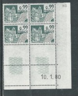 France Préoblitéré N° 167 XX Monuments Historiques : 99 C. En Bloc De 4 Coin Daté Du 10 . 1 . 80 ; Sans Trait, Ss Ch. TB - Préoblitérés