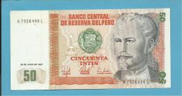 PERU - 50 INTIS - 26.06.1987 - Pick 131.b - AUNC. - NICOLAS DE PIEROLA - 2 Scans - Pérou