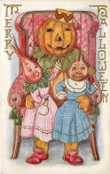 240241-Halloween, Whitney No WNY10-7, Jack O Lantern Head Man Sitting In Chair With Turnip Children On His Lap - Halloween