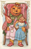 240243-Halloween, Whitney No WNY10-7, Jack O Lantern Head Man Sitting In Chair With Turnip Children On His Lap - Halloween