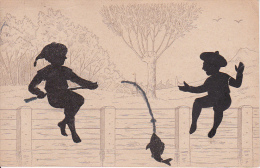 AK Scherenschnitt - Collage - Kinder Beim Fischen - 1917  (16375) - Silhouettes