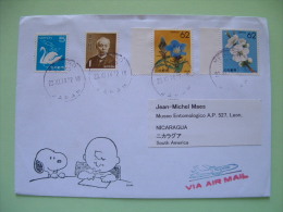 Japan 2014 Cover To Nicaragua - Flowers Swan Charlie Brown Dog - Storia Postale