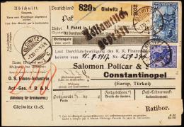 1917. Paketkarte To Constantinopel 2 MARK + 20 Pf. (Gepr. JASCKE.) GLEIWITZ 1.10.17 + S... (Michel: 95 B IIa+) - JF17593 - Other & Unclassified