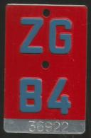 Velonummer Zug ZG 84 - Plaques D'immatriculation