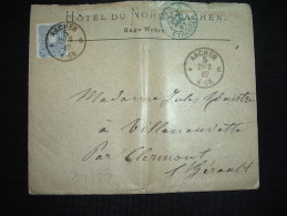 LETTRE ALLEMAGNE POUR FRANCE OBL. BLEUE 22 FEVR 87 PARIS ETRANGER + HOTEL DU NORD AACHEN + HOTEL DISCH COLOGNE - 1877-1920: Semi-Moderne