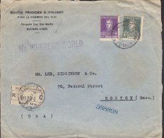 Argentina Registered Label BANCO FRANCÉS E ITALIANO, BUENOS AIRES 1920 Cover Letra BOSTON USA Via S/S "Western World" - Brieven En Documenten