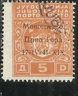 OCCUPAZIONI ITALIANE MONTENEGRO 1941 SEGNATASSE TASSE POSTAGE DUE TAXE 5 D USATO USED OBLITERE´ - Montenegro