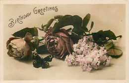 240479-Birthday Greeting, Rotograph RPPC, Butterfly & Roses - Papillons