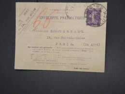 FRANCE - Enveloppe Pneumatique Avec Compl. (enlevé) De Paris Pour Paris 1918 - à Voir - Lot P7829 - Pneumatiques