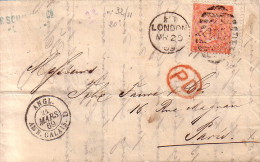 GRANDE BRETAGNE - LONDRES POUR PARIS - CACHET ENTREE ANGL. AMB.CALAIS D DU 21-3-1869 . - Storia Postale