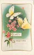 240505-Hearty Greetings, Yellow Butterflies Flying Over Pink Daisies, Embossed Litho - Papillons