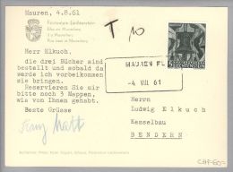 Heimat Liechtenstein Mauren 1961-08-04 Aushilfsstempel Auf AK Nach Bendern Taxiert - Cartas & Documentos