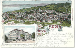 Heiden - Farblitho (2 Bilder - Dorf / Hotel Linde)          1905 - Heiden
