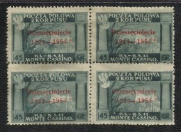 CORPO POLACCO POLISH BODY 1954 GOVERNO DI LONDRA SOPRASTAMPA VERMIGLIO VERMILION SURCHARGED 45 G QUARTINA BLOCK MNH - 1946-47 Período Del Corpo Polacco