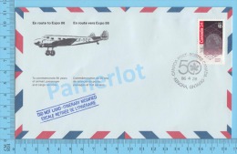 50 Eme Air Canada ( En Route  Expo 86, Service De Poste, Cover Kenora Ontario, 28-04-1986,  Aerogramme )  2 Scans - Enveloppes Commémoratives