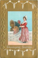 147413-Thanksgiving, Unknown No UP05-1, Woman With Turkey, Embossed Litho - Thanksgiving