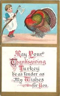 147415-Thanksgiving, Unknown No UP07-1, Boy Holding Ax Facing A Colorful Turkey - Thanksgiving