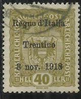 TRENTINO ALTO ADIGE 1918 SOPRASTAMPATO AUSTRIA HELLER  40 H USATO USED OBLITERE´ - Trentino