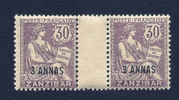 PAIR 2 TIMBRES DE ZANZIBAR N° 52 TYPE MOUCHON RETOUCHÉ- NEUF ** AVEC INTERVALE VERTICAL- 3 ANNAS- 2 SCANS - Nuevos