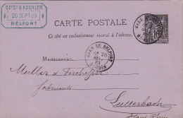 Carte Entier Type Sage 10cts Gare De Belfort (Haut Rhin) 1883 - 1877-1920: Période Semi Moderne