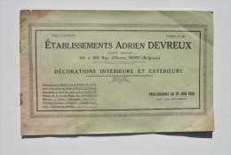 MONS, Rue D'Havré, Année 1926 : TARIF Des Etablissements ADRIEN DEVREUX, Décorations Intérieure Et Extérieure - 1900 – 1949