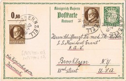 Ganzsache 5Pfg. Antwortkarte Bayern Mit Zfr. Mi 94I Von Obernzell/BY Nach Brooklyn N.Y. 12.Oct.1914 Via Kopenhagen - Bavière