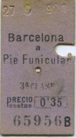 TICKET EDMONDSON DEL FERROCARRIL DE SARRI A BARCELONA // BARCELONA A PIE FUNICULAR // 1921 - Europe