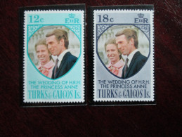TURKS & CAICOS ISLANDS 1973 ROYAL WEDDING Princess ANNE To MARK PHILLIPS SET TWO STAMPS MNH. - Turks And Caicos