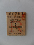 TICKET TRAIN - 2°CL RETOUR - NICE VILLE CAP D'AIL / BEAULIEU SUR MER - 1964 - Europa