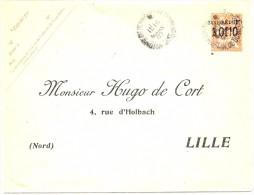 LBL33 - MOUCHON 15c SURCH. TAXE RÉDUITE 10c REPIQUAGE HUGO DE CORT  LILLE VOYAGEE CLERMONT FERRAND 6/3/1907 - Overprinted Covers (before 1995)