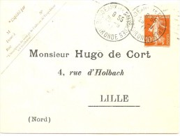 LBL33 -SEMEUSE CAMEE 10c REPIQUAGE HUGO DE CORT  LILLE VOYAGEE BORDEAUX 29/9/1912 - Bigewerkte Envelop  (voor 1995)