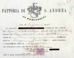 FATTORIA DI S. ANDREA IN PERCUSSINA FIRENZE)--6-6-1885-RICEVUTA-MARCA DA BOLLO-CENT. 5 - Fiscaux