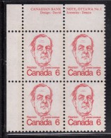 Canada MNH Scott #591 6c Pearson UL Plate Block No. 1 Variety: Lower Right Stamp Has Red Line From 'E' Up Side - Varietà & Curiosità
