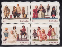 Canada MNH Scott #1277a With #1277ii Block Of 4 Dolls With Variety: 'Thread' Between Dolls On Lower Right Stamp - Variedades Y Curiosidades