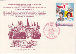 LABOUR DAY, 1ST OF MAY PHILATELIC EXHIBITION, SPECIAL COVER, 1989, ROMANIA - Brieven En Documenten
