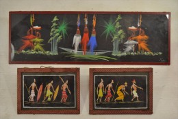 Lot De Trois Peinture Art Africain, Vintage, Années 1930 - 1960, Signé FYLLA Scène Guerrier Style FO Et KOUDJO - Afrikanische Kunst