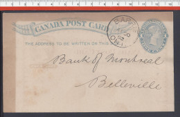 CANADA - 1892 -  ENTIER POSTAL DE BARRIE  VERS BELLEVILLE AVEC  REPIQUAGE AU VERSO - - 1860-1899 Reinado De Victoria