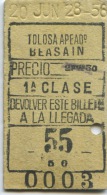 3- BILLETE EDMONDSON DE LOS FERROCARRILES ESPAÑOLES // TOLOSA - BEASAIN // 1ª CLASE // 1928 - Europa
