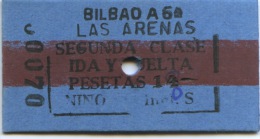 70 BILLETE EDMONDSON DE LOS FERROCARRILES ESPAÑOLES // BILBAO - LAS ARENAS // IDA Y VUELTA// TARIFA NIÑOS // 2ª CLASE - Europa