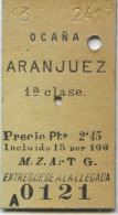 121 BILLETE EDMONDSON DE LOS FERROCARRILES ESPAÑOLES // M.Z.A. - T.G. // OCAÑA - ARANJUEZ // 1ª CLASE // 1924 - Europe