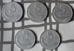 LOTE DE CINCO MONEDAS DE 5 LIRAS ITALIANAS. CON AÑOS DIFERENTES - 5 Lire