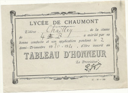 52  CHAUMONT  LYCEE  DE  CHAUMONT  BULLETIN DE TABLEAU  D HONNEUR  TRIMESTRE 1920  1921 - Diplômes & Bulletins Scolaires