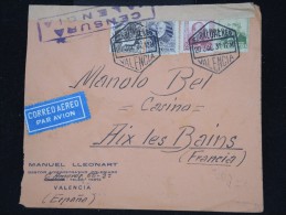 ESPAGNE - Enveloppe De Valencia Pour La France En 1937 Par Avion Avec Censure - Aff. Plaisant - à Voir - P8734 - Republikanische Zensur