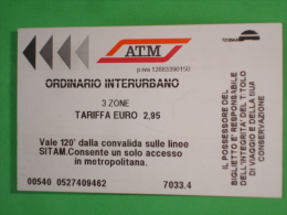 ATM MILANO Metropolitana/Autobus - 1  Biglietto INTERUrbano 3 Zone  - Convalidato - Europa