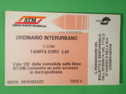 ATM MILANO Metropolitana/Autobus - 1  Biglietto INTERUrbano 3 Zone  - Convalidato - Europa