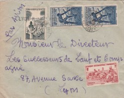 Yvert  30 X 2 + 36 + 42 AOF Sur Lettre Avion GRAND LAHOU Côte D´Ivoire 1950 - Grille LYON RP RHONE - Briefe U. Dokumente