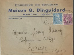 3295 MARCIAC Gers Lettre à Entête Meubles DINGUIDARD Gandon 4,50 F Yv 718a Mazelin 1,50 F Yv 679 Lilas - 1921-1960: Période Moderne