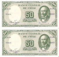 PAREJA CORRELATIVA DE CHILE DE 50 PESOS DEL AÑO 1960-61 (BANKNOTE) SIN CIRCULAR-UNCIRCULATED - Cile